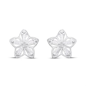 Silver Tapered Baguette CZ Flower Stud Earrings- 10mm - F03112