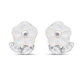 Silver Mother Of Pearl And CZ Flower Stud Earrings - F03114