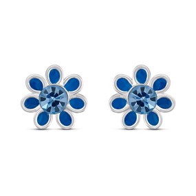 Silver Blue CZ Flower Stud Earrings - F03115