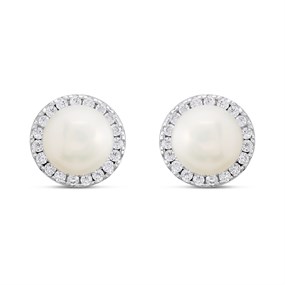 Silver Cultured Freshwater Pearl 5.5-6mm Halo Stud Earrings - F03120