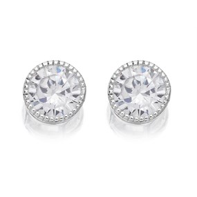 Silver Cubic Zirconia Beaded Edge Stud Earrings - 7mm - F04006