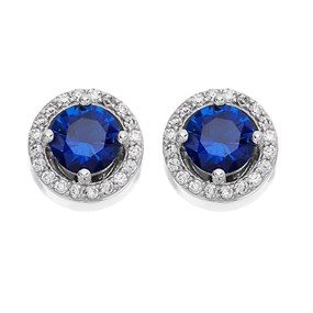 Silver Blue Cubic Zirconia Halo Stud Earrings - 7mm - F04018