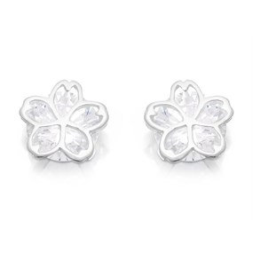 Silver Cubic Zirconia Flower Stud Earrings - 5mm - F04021