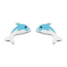 Silver Enamel Dolphin Stud Earrings - 10mm - F04022