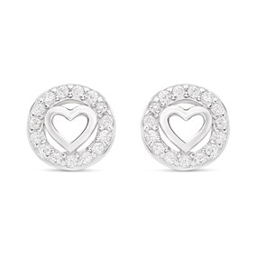 Silver Cubic Zirconia Heart In Circle Stud Earrings - 6mm - F04025