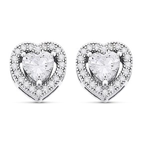 Silver Cubic Zirconia Heart Halo Stud Earrings - 9mm - F04028