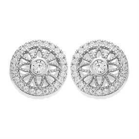 Silver Cubic Zirconia Halo Flower Stud Earrings - 10mm - F04039
