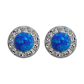 Silver Imitation Opal And Crystal Stud Earrings - 7mm - F04048