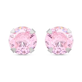 Silver Pink Cubic Zirconia Stud Earrings - 6mm - F04060