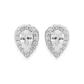 Silver Cubic Zirconia Pear Halo Stud Earrings - 8mm - F04141