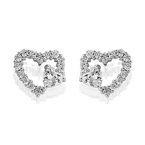 Silver Cubic Zirconia Double Heart Stud Earrings - 10mm - F04147