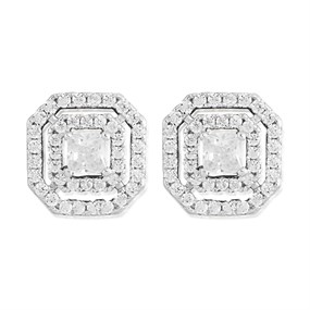 Silver Cubic Zirconia Halo Stud Earrings - 11mm - F04184