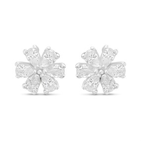 Silver Pear CZ Flower Cluster Stud Earrings - F04218