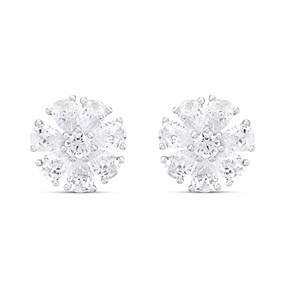 Silver Pear Cubic Zirconia Flower Stud Earrings- 10mm - F04222