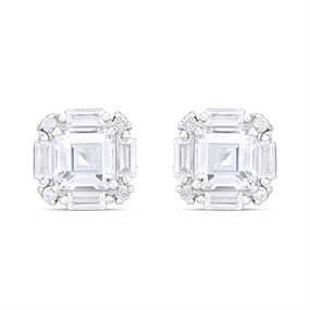 Silver Mixed Cut Cushion CZ Stud Earrings- 8mm - F04223