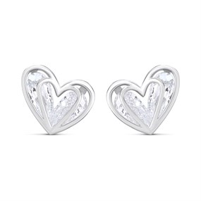 Silver Caged Pear CZ Heart Stud Earrings- 10mm - F04225