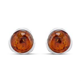 Silver Cognac Amber Round Stud Earrings- 10mm - F04226