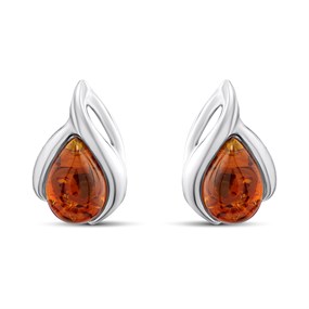 Silver Cognac Amber Teardrop Stud Earrings - F04227