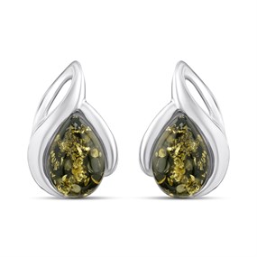 Silver Green Amber Teardrop Stud Earrings - F04228