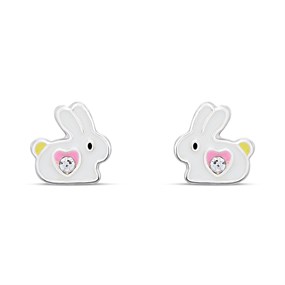 Silver Enamel Rabbit Crystal Stud Earrings- 7mm - F04233