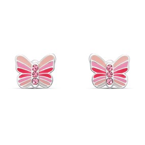 Silver Pink Enamel Crystal Butterfly Earrings - F04235