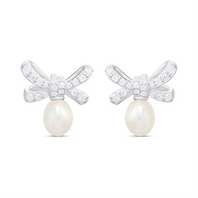 Silver Freshwater Pearl CZ Bow Stud Earrings - F04239