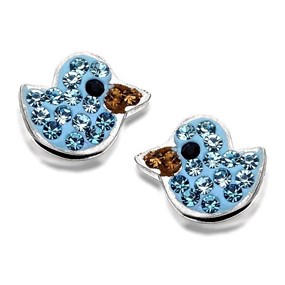 Silver Aqua Crystal Duck Stud Earrings - 7mm - F0475