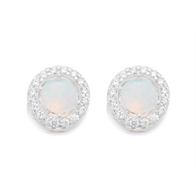 Silver Cubic Zirconia And Imitation Opal Stud Earrings - 8mm - F0497