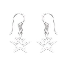 Silver Star Hook Wire Earrings - 34mm drop - F05006