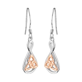 Silver And Rose Plated Trefoil Hook Wire Earrings - 37mm drop - F05024