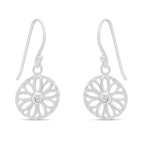 Silver Circle Flower C.Z. Earrings - 12mm - F05029