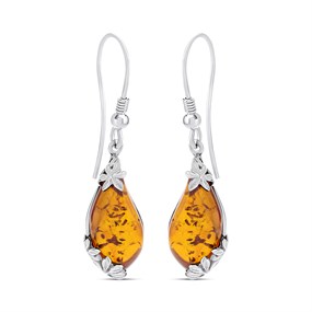 Silver Amber Floral Detail Hook Wire Drop Earrings - F0719
