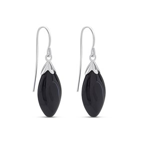 Silver Onyx Hook Wire Earrings - 32mm drop - F0739