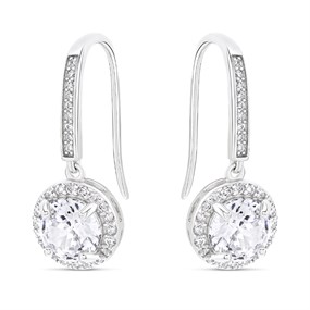 Silver Cubic Zirconia Hook Wire Earrings - 25mm drop - F08008