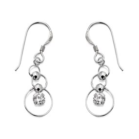 Silver Circles Cubic Zirconia Hook Wire Earrings - 32mm drop - F0830