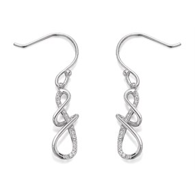 Silver Cubic Zirconia Double Twist Hook Wire Earrings - 32mm drop - F0845