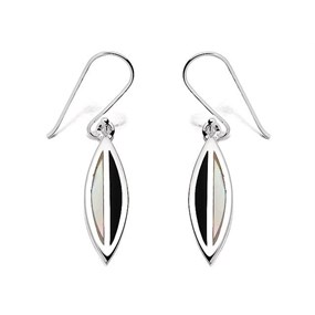 Silver Ellipse Onyx And Mother Of Pearl Hook Wire Earrings - 40mm drop - F0858