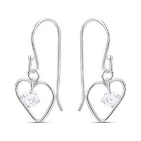 Silver Cubic Zirconia Wire Open Heart Drop Earrings - F0883
