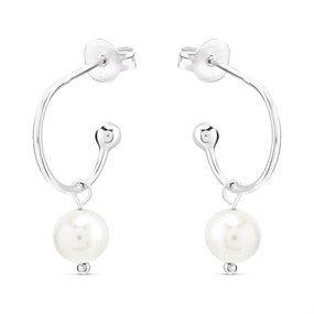 Silver Freshwater Pearl Drop Hoop Earrings - 13mm - F11016