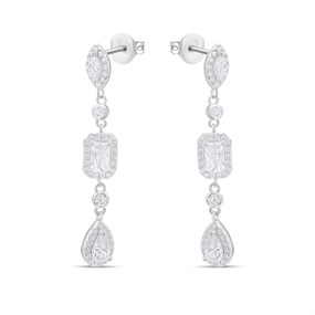 Silver Cluster Cubic Zirconia Drop Earrings - F11032