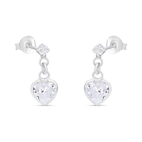 Silver  C.Z. Heart Drop Earrings - 15mm - F11035
