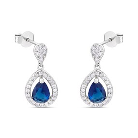 Silver Cubic Zirconia Blue Teardrop Drop Earrings - F11037