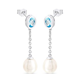 Silver Freshwater Pearl And Blue Topaz Chain Drop Earrings - F11103