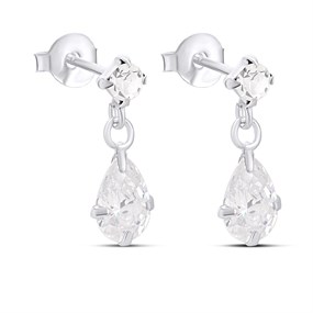 Silver Round And Pear CZ Drop Earrings - F11107
