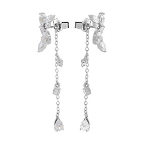 Silver Cubic Zirconia Chain Drop Earrings - 40mm drop - F1224