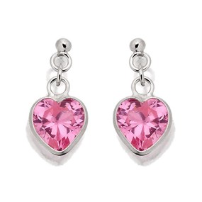 Silver Pink Cubic Zirconia Heart Drop Earrings - 15mm drop - F1288