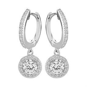 Silver Cubic Zirconia Hoop Drop Earrings - 20mm drop - F13010