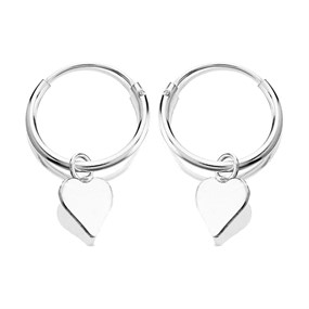 Silver Hoop Earrings With Heart Charm Dropper - 12mm - F13012