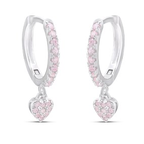 Silver Pink C.Z. And Heart Drop Huggie Earrings - 12mm - F13021