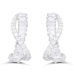 Silver CZ Mixed Cut Crossover Hoop Earrings- 14mm - F13158
